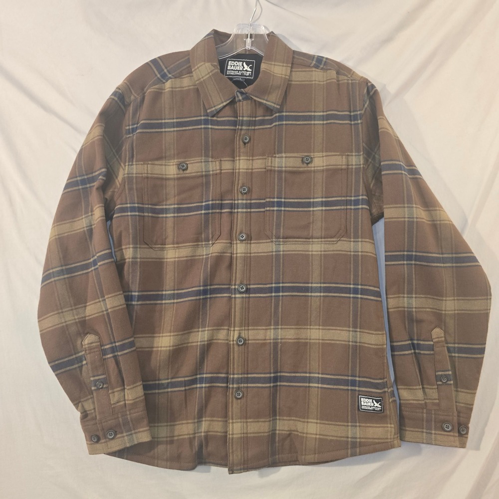 Eddie Bauer Field Flannel Shirt Jacket Small Mens Brown Plaid Fleece Lined NEW